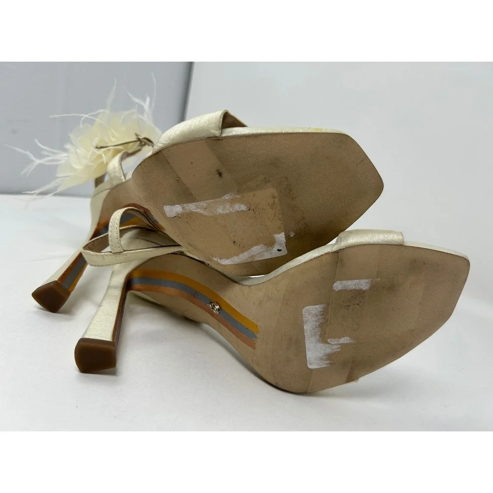 Sam Edelman Womens Ivory Satin Floral Feather Ankle Strap Heel Sandals Square 6